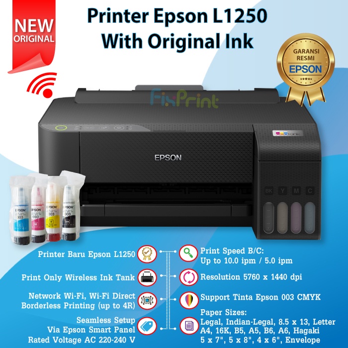 Printer Epson L1250 / L1256 Print Only Wireless WiFi Direct Kondisi Baru Tinta Anti Tumpah