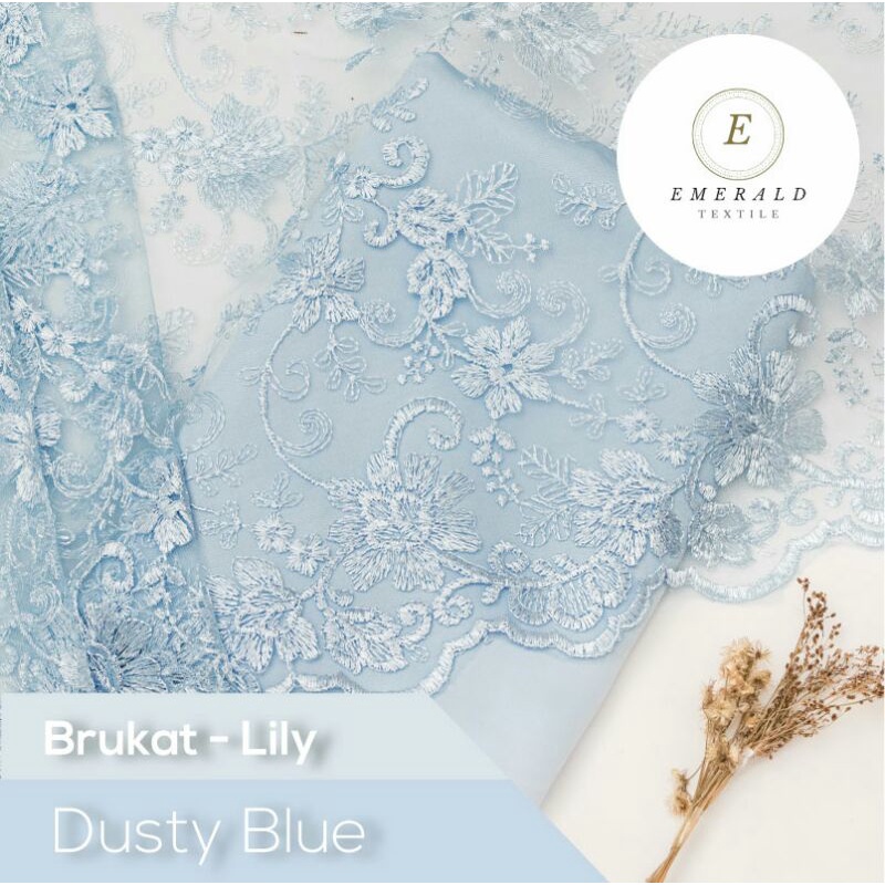 SETENGAH METER Kain Brokat Tile Prancis Bahan Kebaya Motif Lily - Dusty Blue ( HARGA PER 50cm KAIN )