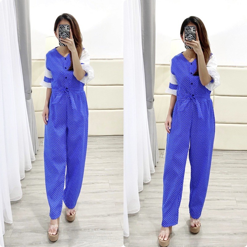 jumpsuit panjang casual wanita polka biru ( K11460)