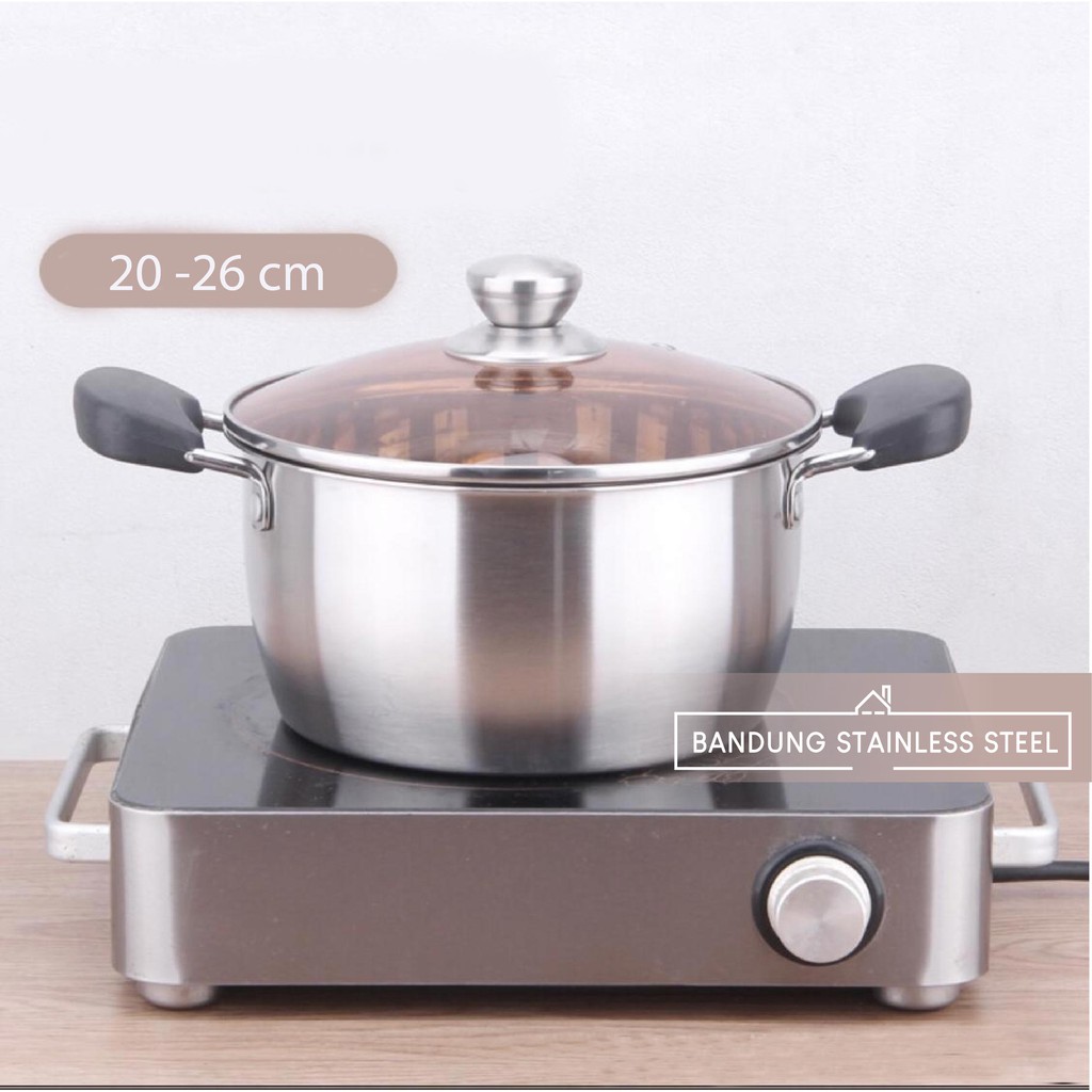 Panci Sup 22cm Stainless TEBAL / Soup Pot tutup Kaca murah