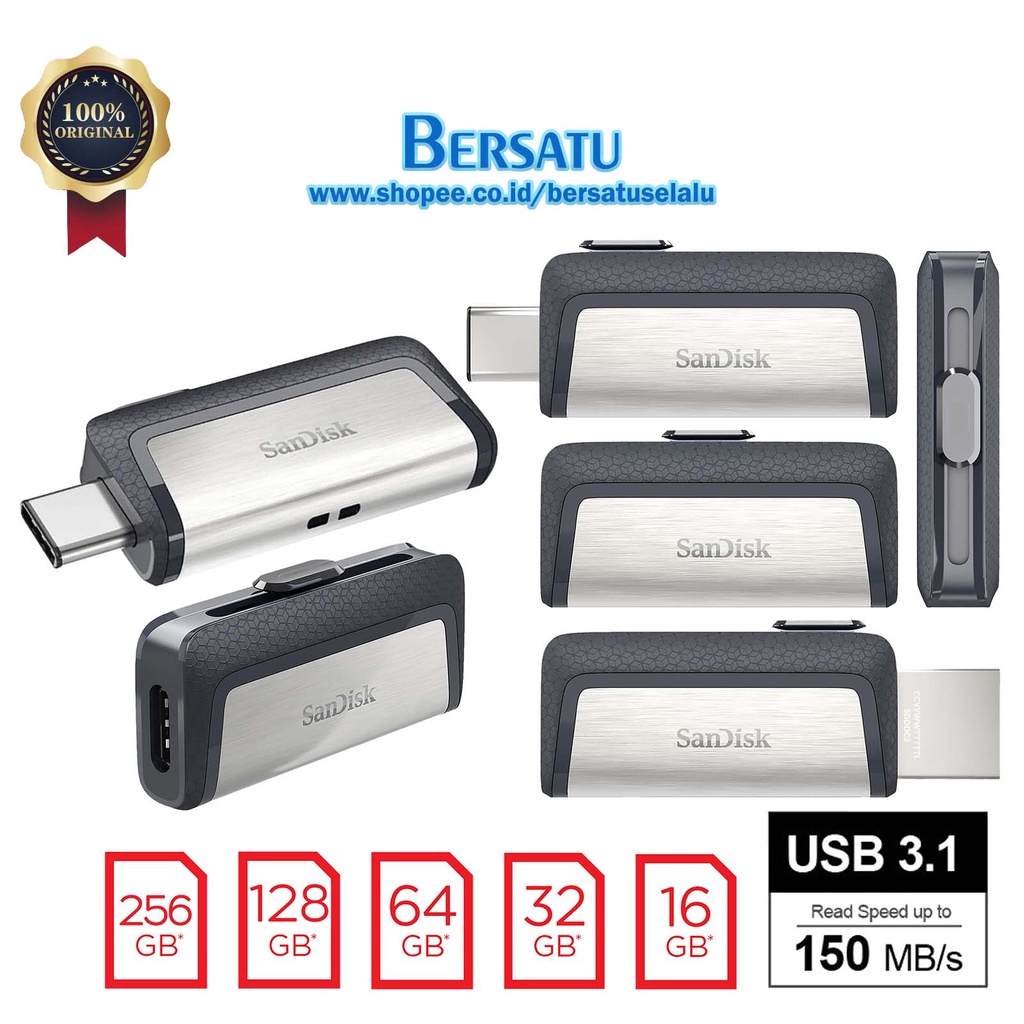 Flash Disk Sandisk Type C 256 / 128 / 64 / 32 GB FlashDisk OTG Original USB 3.1