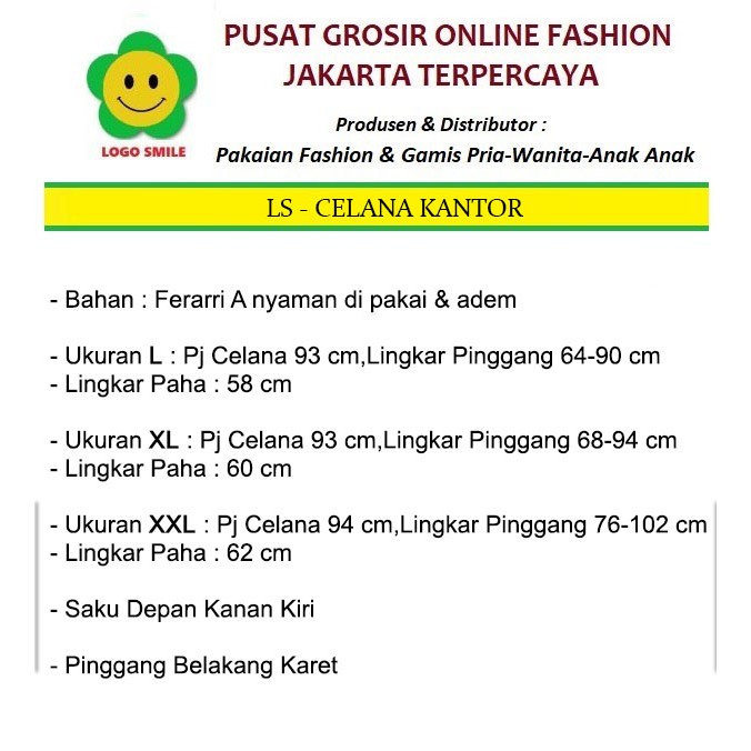 Celana Kantor Kantong Depan - Logo Smile (LS) - Ukuran L-XXL - Matt Ferrari