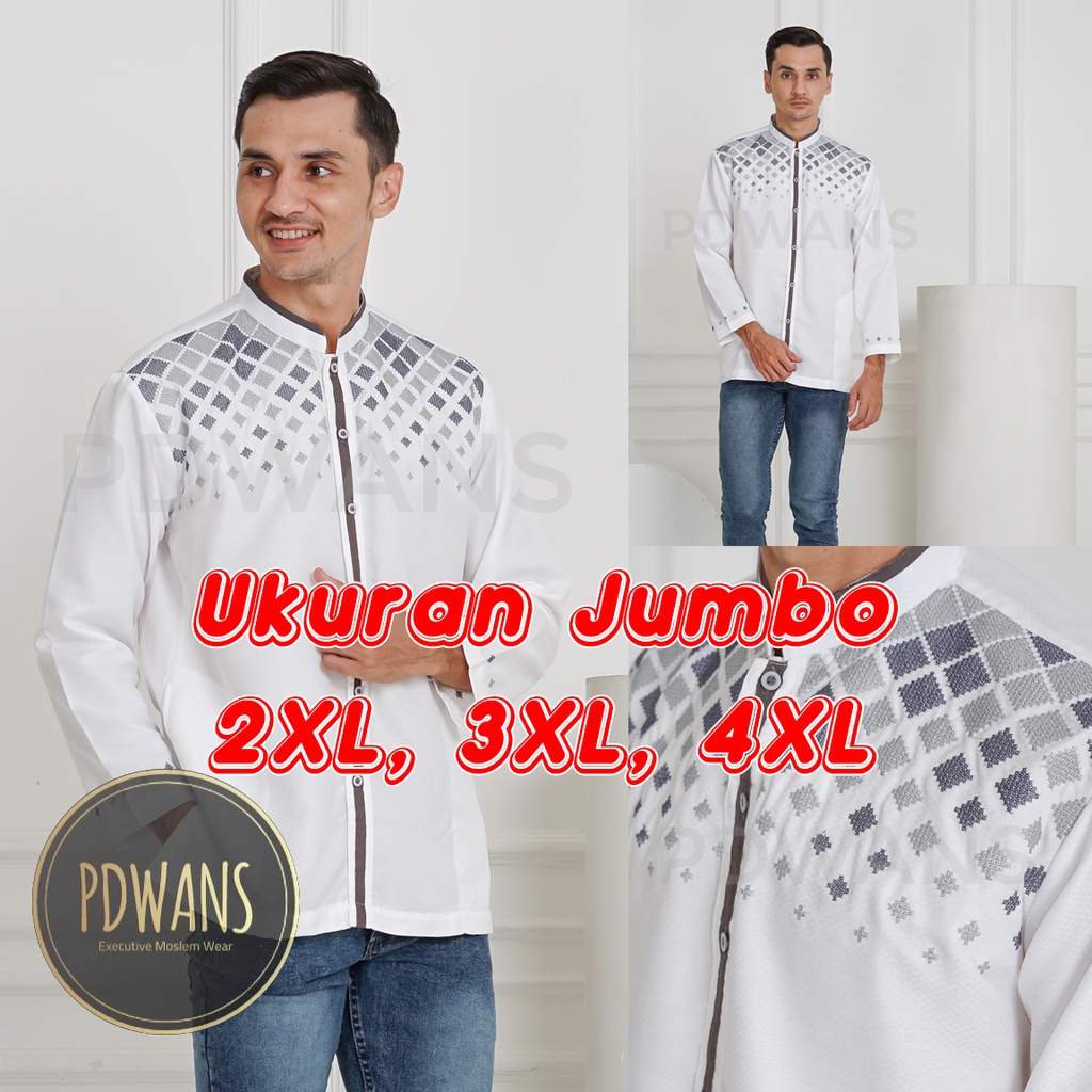 Baju Koko JUMBO BIG SIZE XXL XXXL XXXXL 2XL 3XL 4XL Lengan Panjang Putih Tulang Kemeja Koko Muslim Bordir  PDWANS - SEPJG12JUMBO