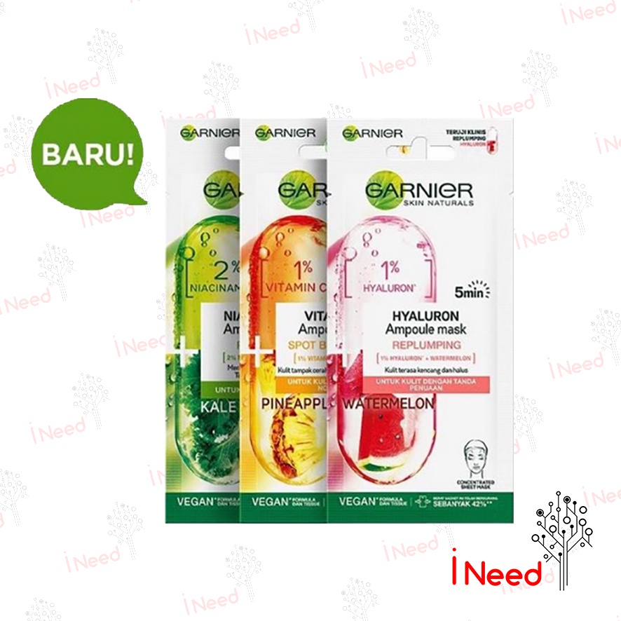 (INEED) Garnier Ampoule Mask - Vitamin C Pineapple - Niacinamide Kale - Hyaluron Watermelon - Masker Skin Care