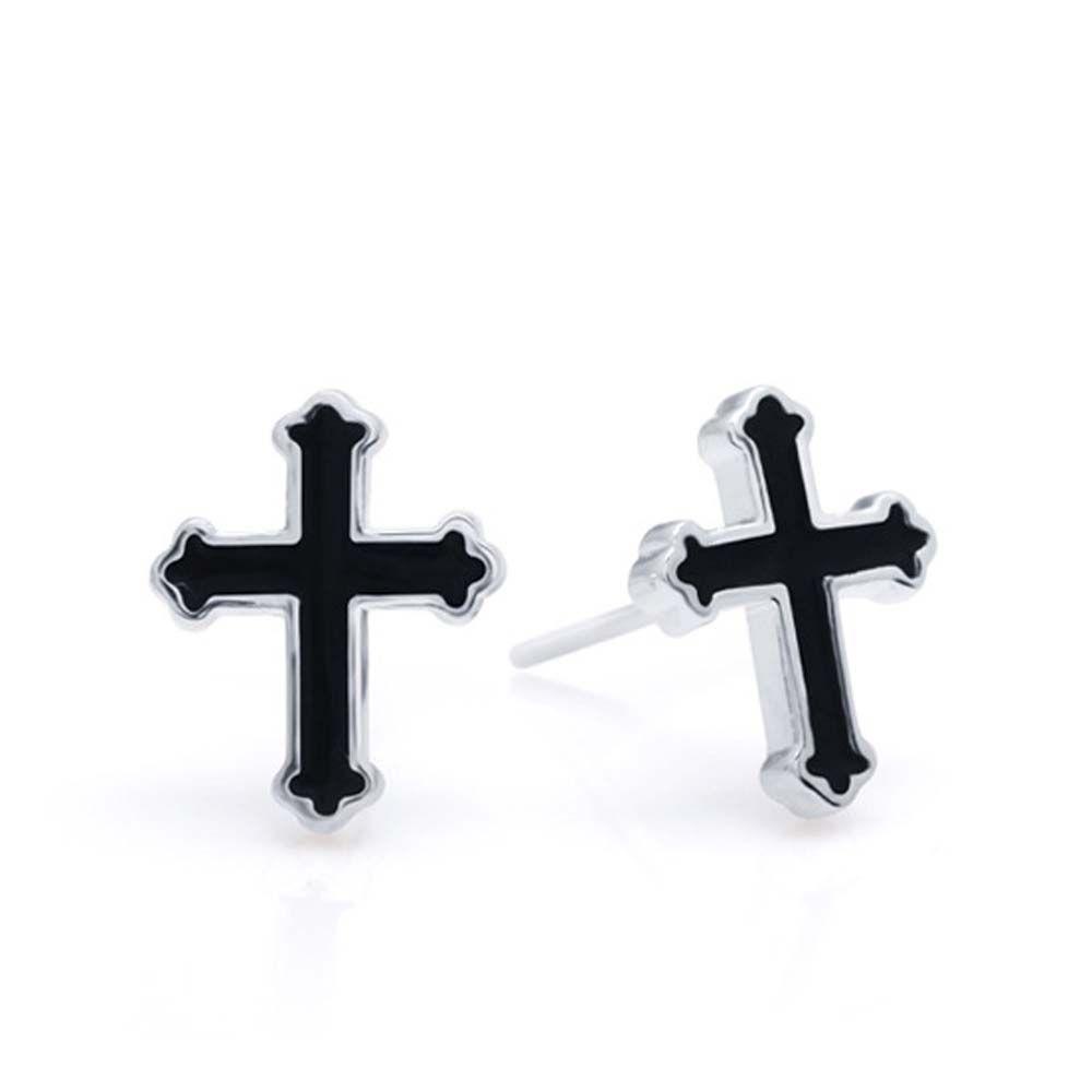 NEEDWAY Cross Ear Studs Keren Vintage Salib Berbentuk Punk Warna Perak Hitam Pria Punk Anting