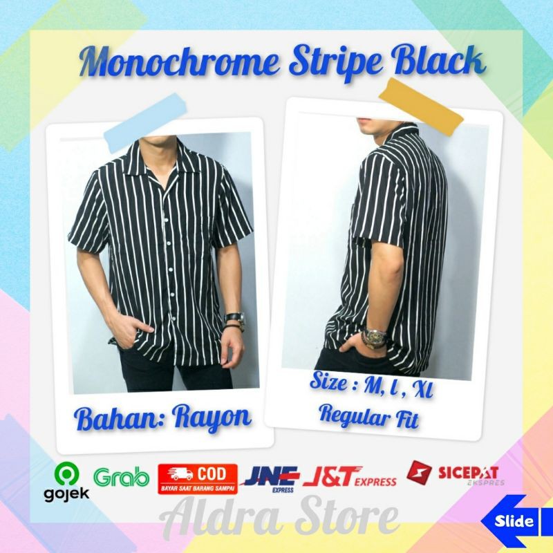 Kemeja Casual Motif Salur Garis Garis Stripe Pria Lengan Pendek Hitam Putih