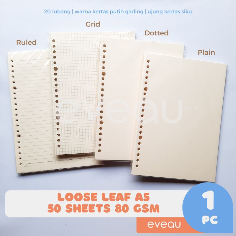 Loose Leaf A5 50 lembar 80 gsm Kertas Isi Binder Warna Putih Gading | Motif Plain Grid Ruled Dot