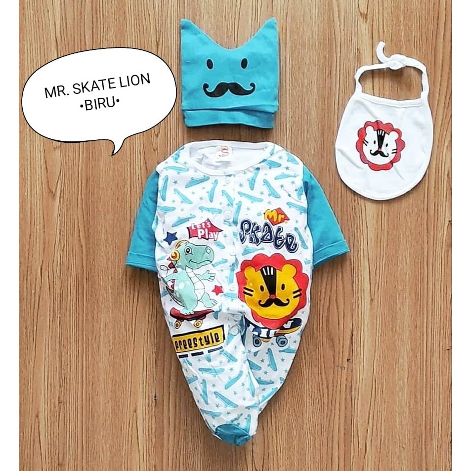 Klik Mds Jumper Anak Bayi Usia 0-6 Bulan Motif Mr. Skate Lion Free Topi Dan Slaber / Jumper Bayi