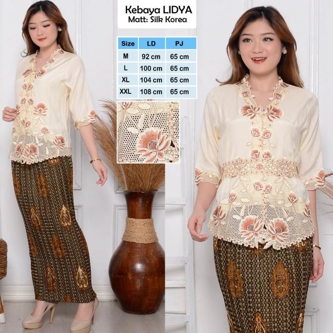 Atasan Kebaya Bordir Modern Wanita Dewasa Lengan Pendek Elegan Cantik - M, Gading 3/4