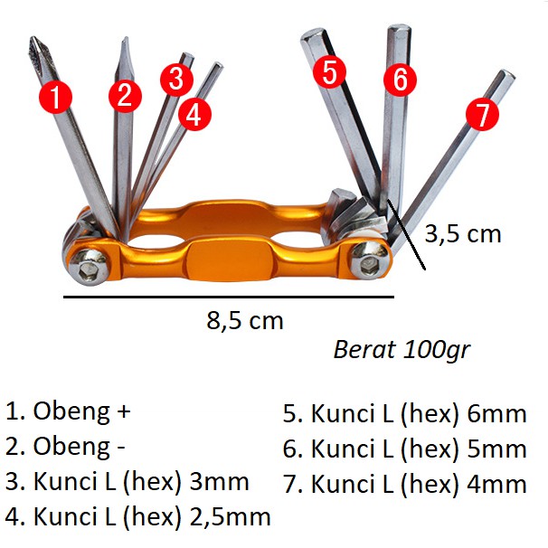 Kunci alat Multi tool kit Sepeda 7 in 1 ALLOY Portable set L hex lipat Obeng plus minus