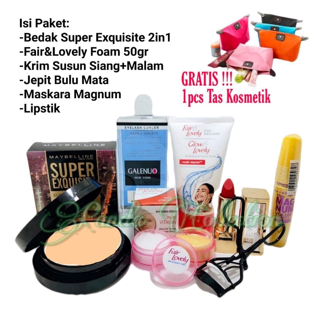 Paket 6in1 FREE Tas Kosmetik/Bedak Exquisite+Maskara+Lipstik+Pelentik Glenco+Facial Wash 50gr+Krim W