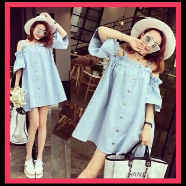 Dress wanita Mini Dress Sabrina Dress Atasan Wanita Fashion Shanghai ( BIRU MUDA) LD: 110 FIT XXL