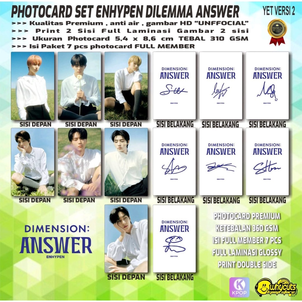 PHOTOCARDSET PC FULL SET PREMIUM ENHYPEN / DIMENSION ANSWER / STAR 1 / W KOREA PRINT 2 SISI FULL LAMINASI GOSSY 7PCS