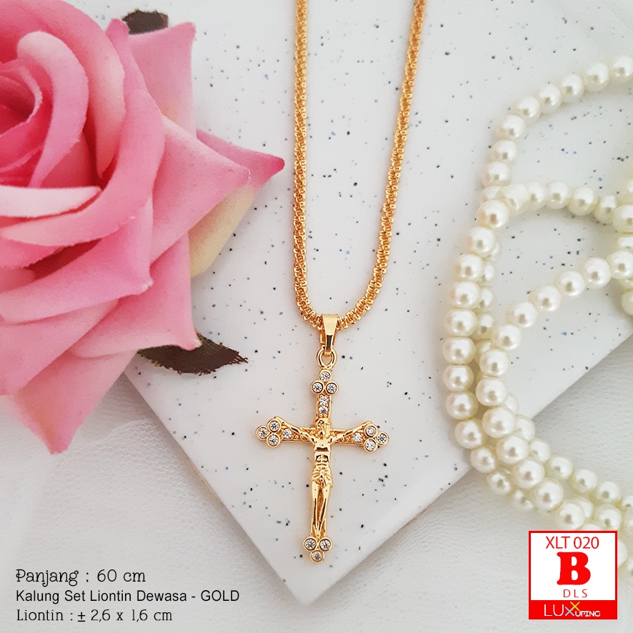 XLT 020 Kalung Salib Panjang 60 cm Liontin Kristen Katolik Rohani Corpus Tubuh Yesus Rosario Permata Sirkon Luxx Xuping