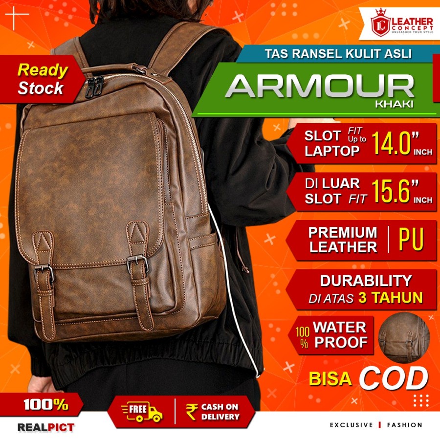 Tas Ransel Kulit Pria Tas Pria Backpack Pria Tas Kulit (ARMOR KHAKI)