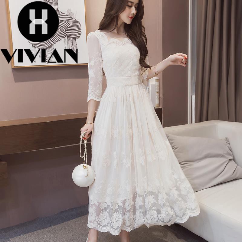 ?VIVIAN? Dress Midi Wanita Square Neck Lengan 3/4 High Waist Slim Rok Swing Bahan Lace Gaya Korea