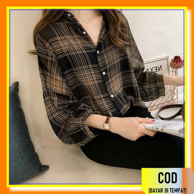 Hem Monalisa Kotak Kotak Wanita Lengan Panjang/Hem Kotak Wanita P QJ891 Ios Fitri Sifon Impor Kotak