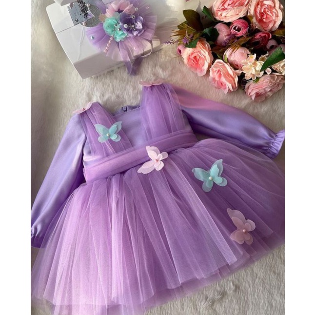 DRESS LILAC UNGU KUPU KUPU GAUN PESTA ULANG TAHUN BAYI PEREMPUAN DRESS TUTU ANAK PEREMPUAN GAUN PEST