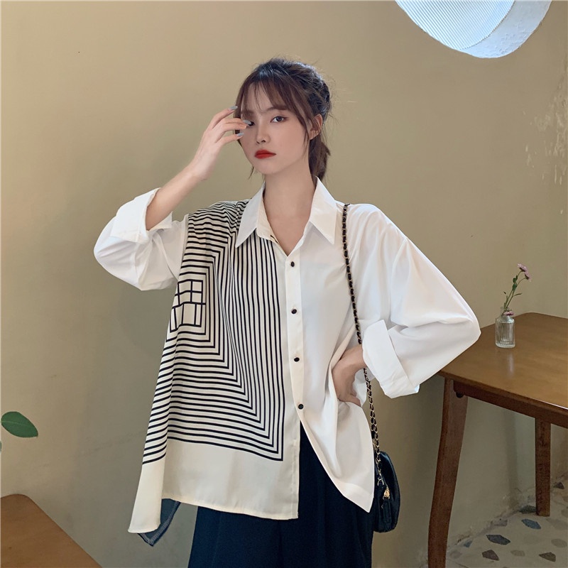 Fashion Kaos Wanita Baju Korean Style Garis-garis Hitam Putih Lengan Panjang Kemeja Woman's Shirt