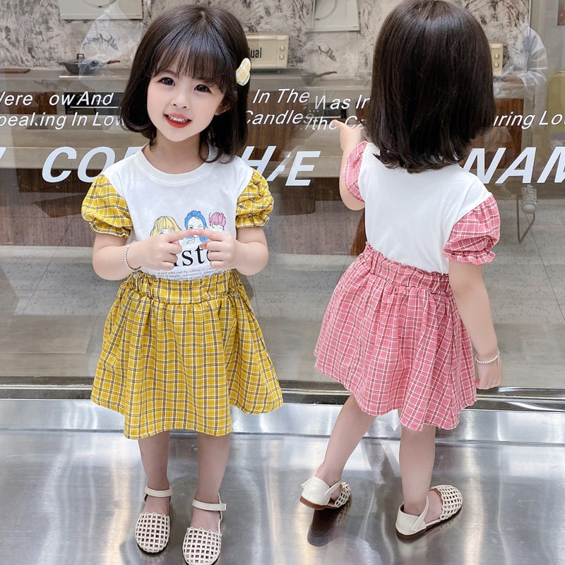 Promo !! Setelan baju anak perempuan / Setelan three sister square import ukuran 1-2 tahun (pink,kuning)