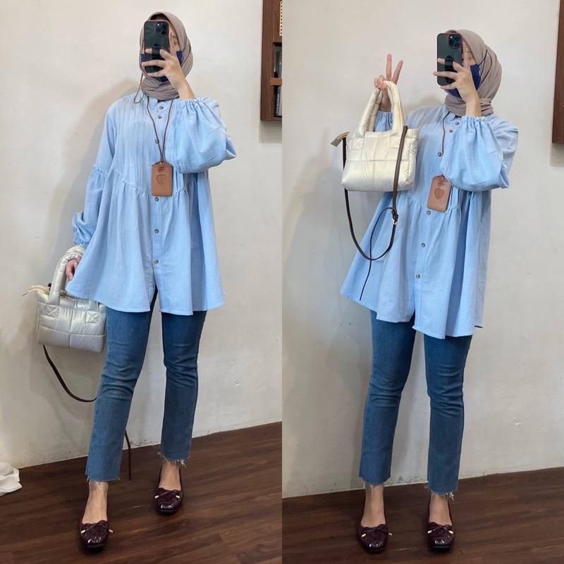 Pevita Top Blouse Polo Linen Premium Polina Blouse Balon Wanita