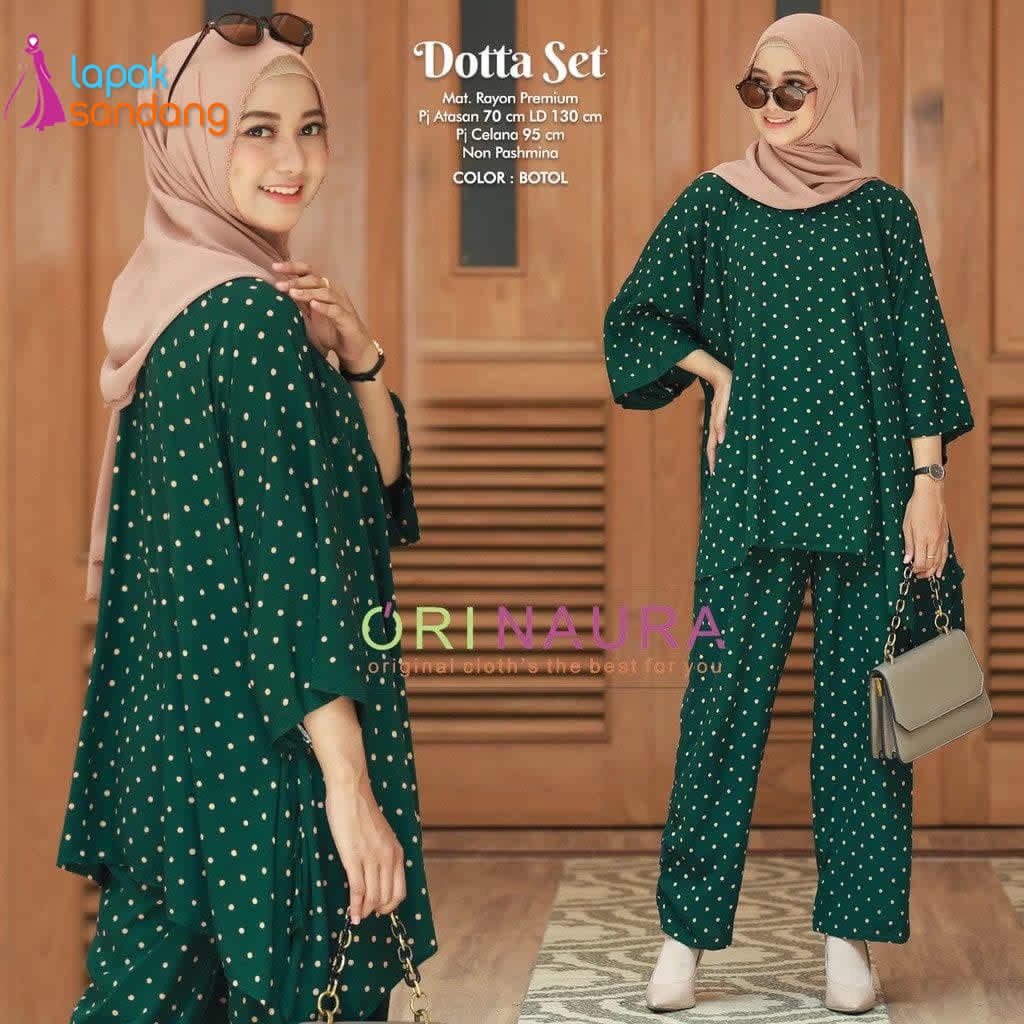 One Set Setelan Polka Polkadot Wanita Bahan Kain Rayon Premium Ori Naura, Navy, Maroon, Hijau Ijo Bo