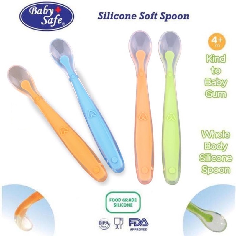 Baby Safe Silicon Soft Spoon isi 2 - Sendok Makan bayi silikon isi 2 Food grade // Baby Safe Spoon Indicator Square Sendok Silikon Indikator Anak Mpasi Bayi