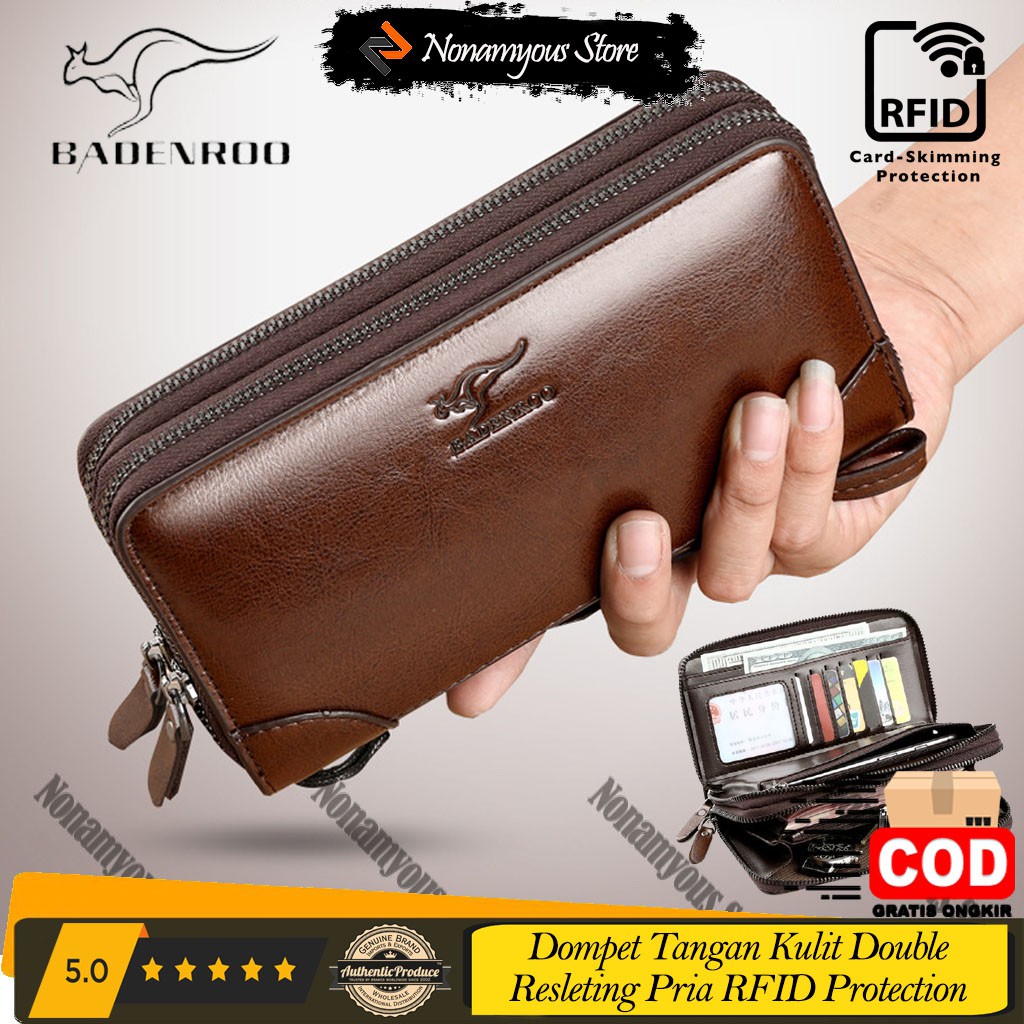 [ORIGINAL] Badenroo Dompet Tangan Kulit Double Resleting Pria Long Wallet RFID Protection Card Skimming Import