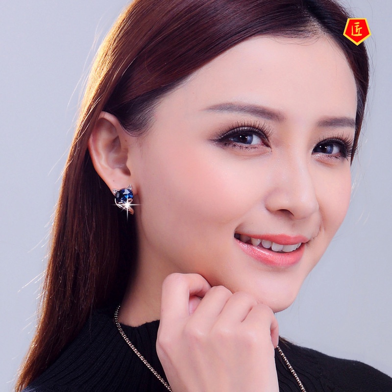 [Ready Stock]Cute Sweet Fox Crystal Earrings Female Fashion Temperament