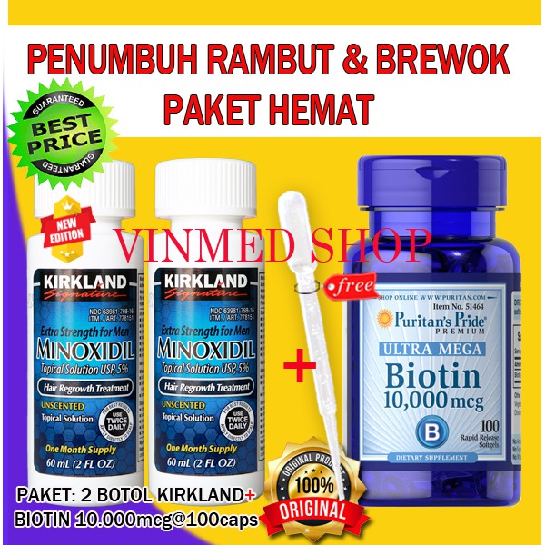 Kirkland Minoxidil 5%(2 Botol)+Biotin 10.000mcg(100 Caps)Paket Irit