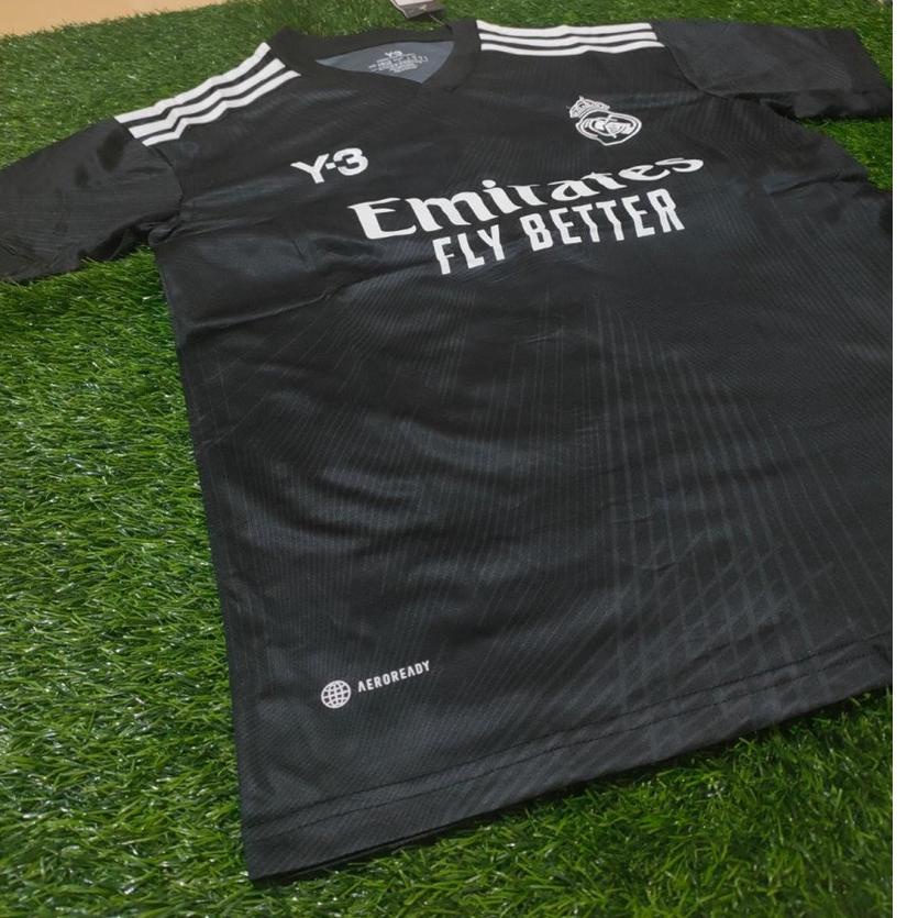 Harga TERMURAAH.. Setelan Jersey Real Madrid 4th Y3 Hitam 2022 Grade Ori Import Baju Sepak Bola Full