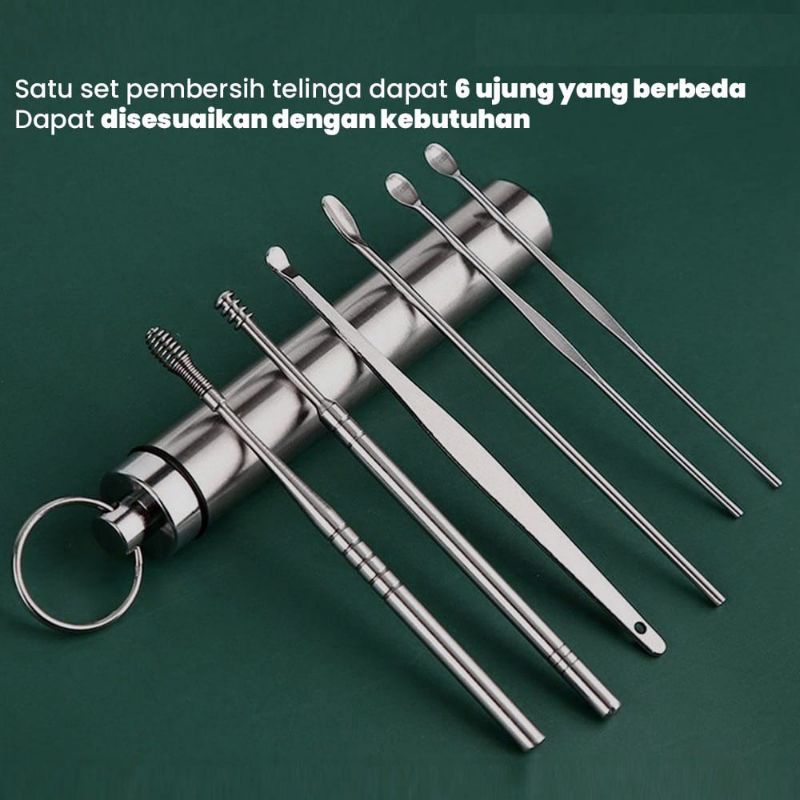 6 IN 1 SET PEMBERSIH TELINGA KOREK KUPING SPIRAL STAINLESS STEEL