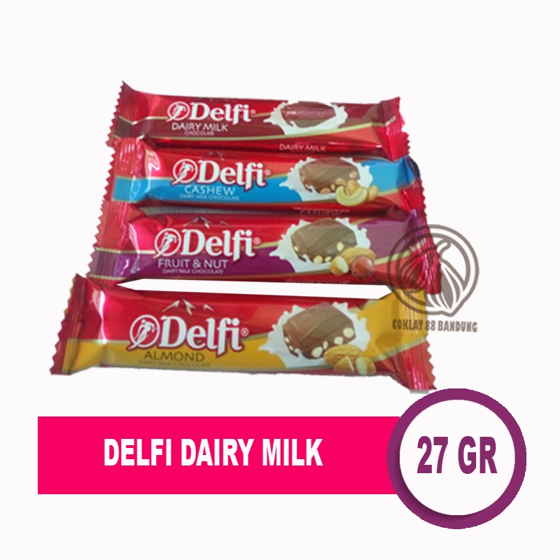 

COKLAT DELFI DAIRY MILK 25GR/GRAM EX 27 GR PREMIUM BAR COKELAT MILK ALMOND - CASHEW - FRUIT 25 GR