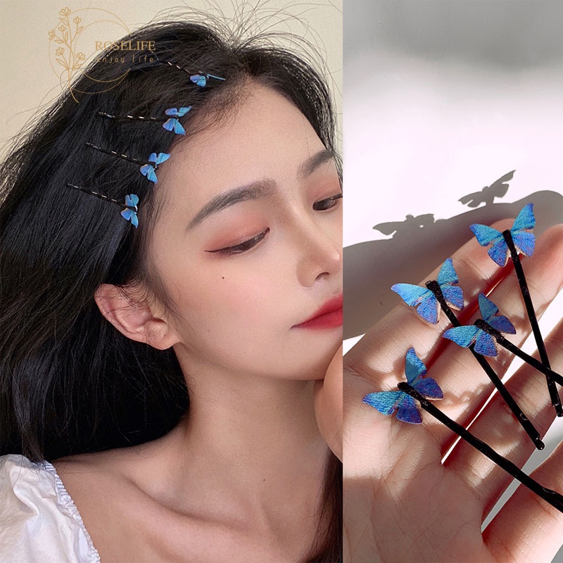 Roselife 4PCs/Set Blue Butterfly Bobby Pin Hair Bang Clips Barrettes for Girls Side Hairpin