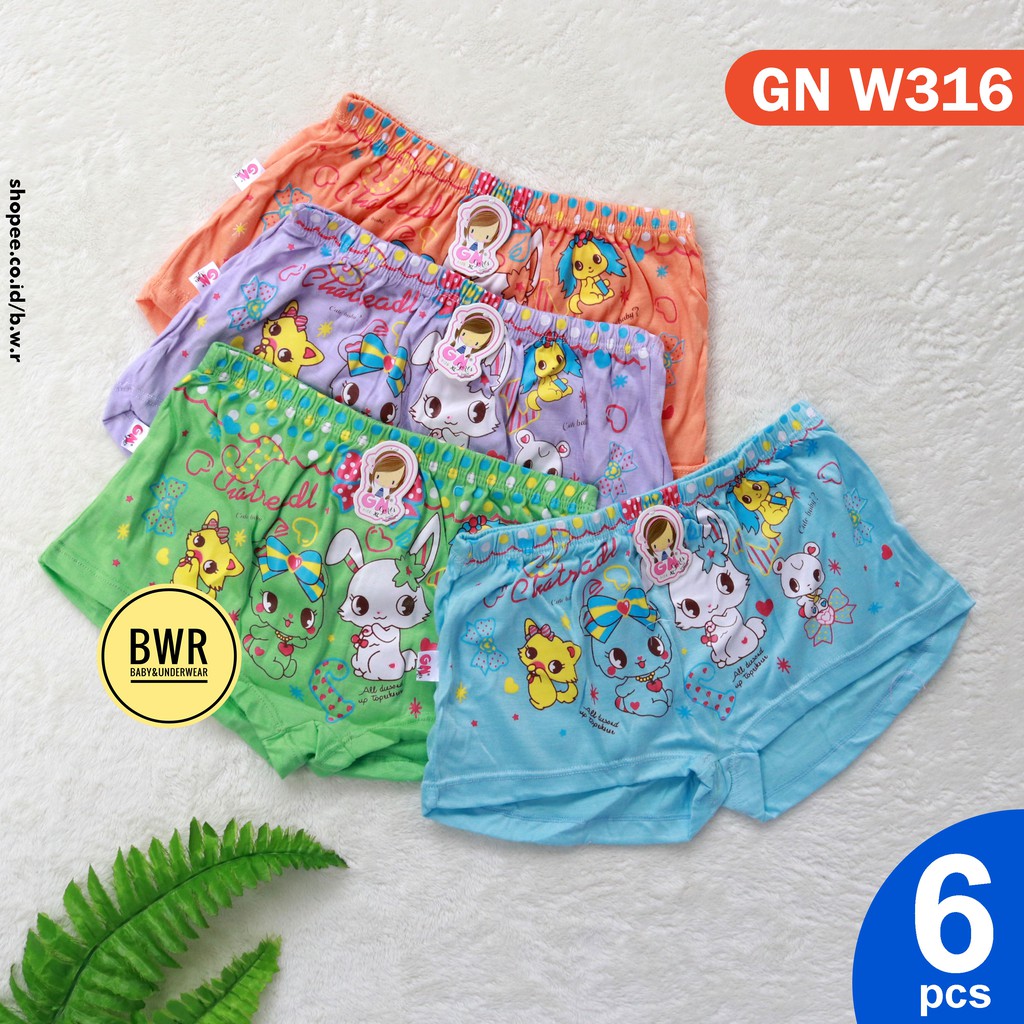 [6 pcs ] Boxer Anak Perempuan | Celana Boxer GN W 316 [III A3-C3] Boxer Warna