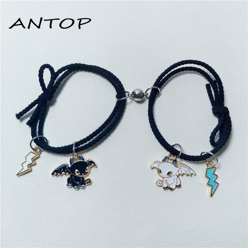 2Pcs Gelang Couple Magnet Gelang Kapel Elastis Pasangan Pria Dan Wanita Kartun Dikepang Tali Tangan Rambut ANTOP