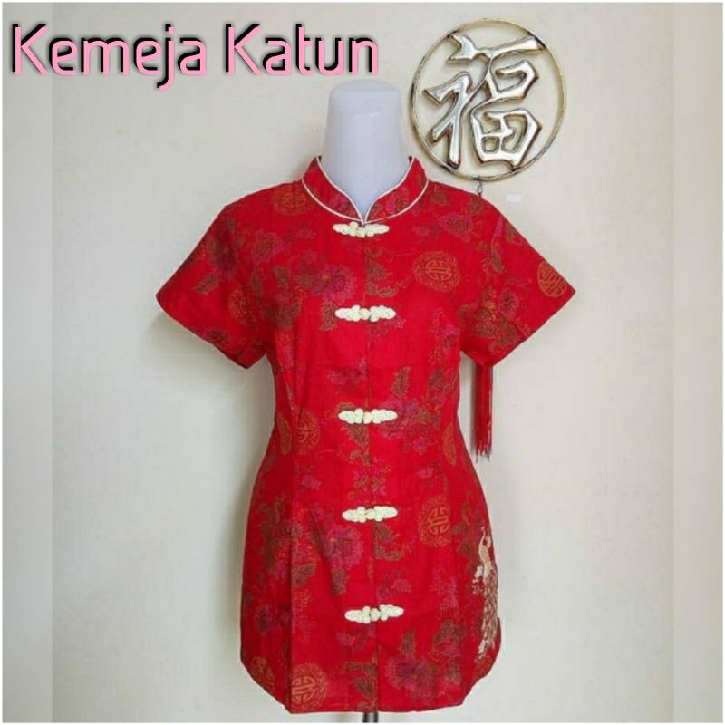 Baju Cheongsam Wanita Katun Satin Kemeja Atasan Imlek Kerja Dewasa Remaja Seragam Merah Bagus Murah
