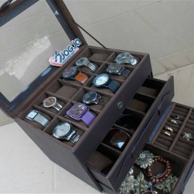 Full Brown Watch Box For 12 Watches Mix Glasses and Accesories Drawer