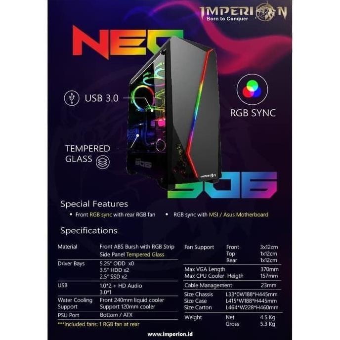 Casing Komputer Imperion NEO 506 RGB Include 1Fan RGB - PC Gaming