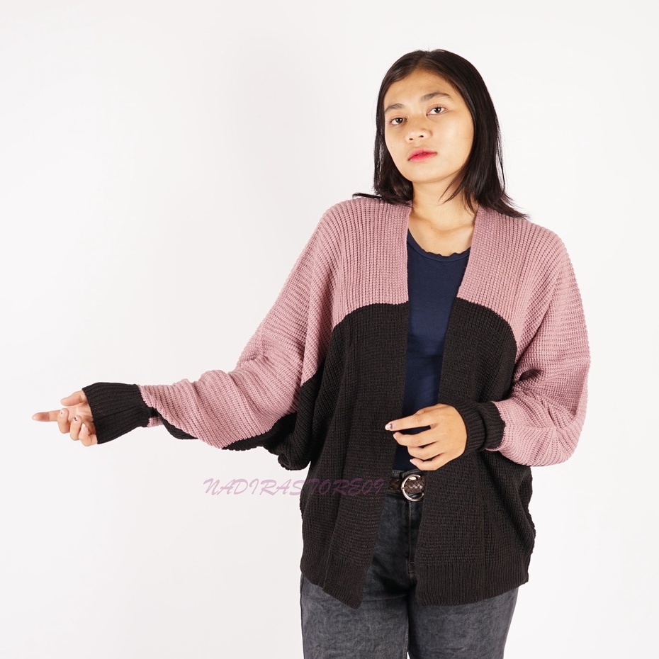 CARDIGAN BATWING RAJUT OVERSIZE PREMIUM / KOMBINASI / NILA HITAM