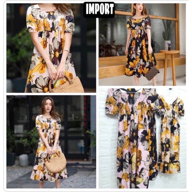 PAKAIAN PEREMPUAN DEWASA DRESS SMOKE KERUT DADA MOTIF FLOWER BUNGA BESAR IMPORT WANITA A0562