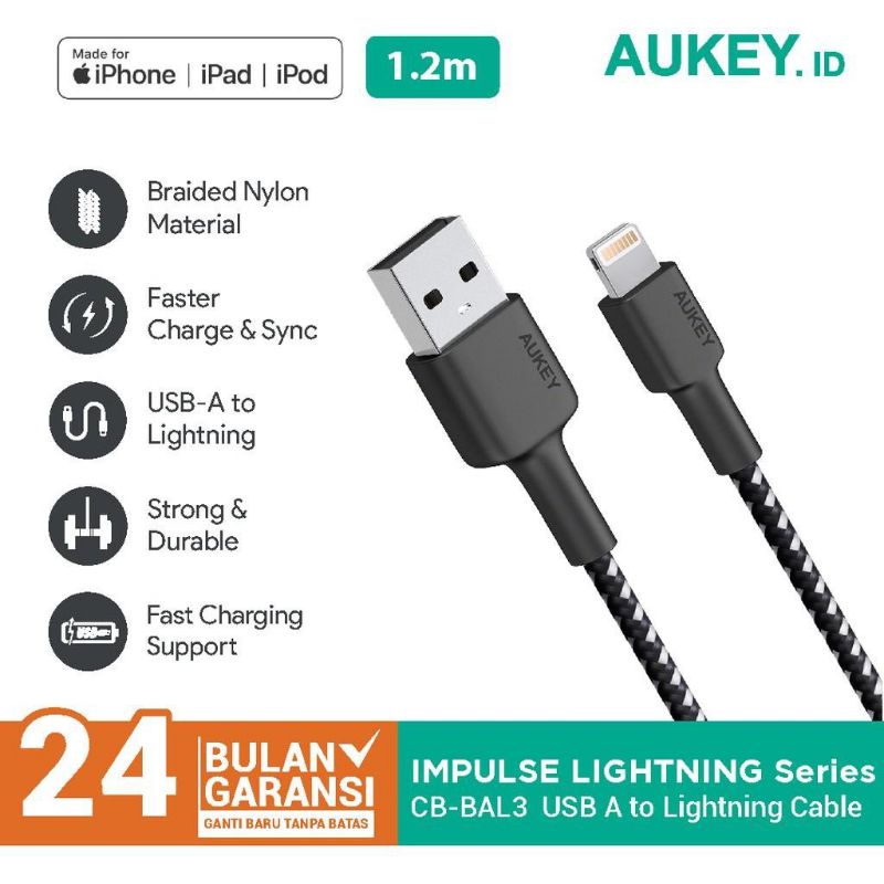 Kabel Charger Iphone Aukey CB-BAL3 MFi Ligtning 8 PIN SYNC and Charging Cable Black