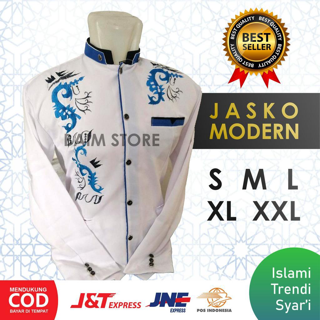 Baju Koko Jasko Muslim Pria Bordir Putih List Biru Cina S M L XL XXL