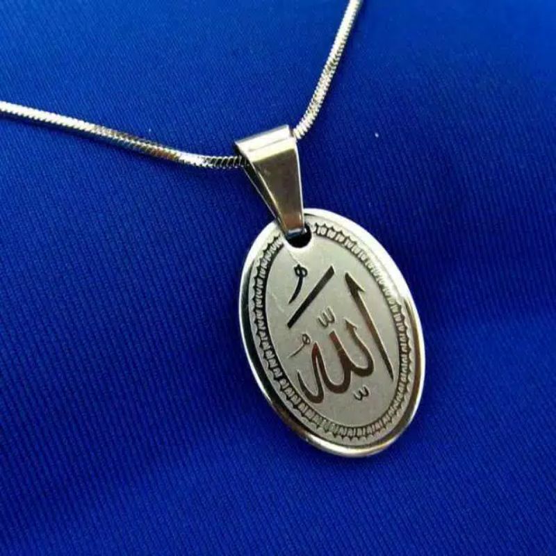 Kalung Pria Wanita Titanium Asli Liontin Lafazd Allah Oval Polos