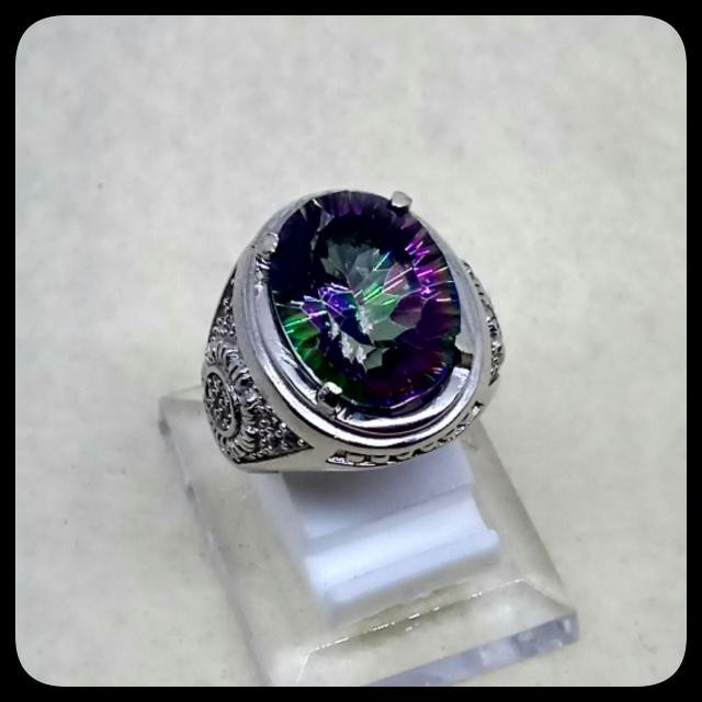 CINCIN BATU AKIK PERMATA NATURAL MYSTIC RAINBOW QUARTZ RING ALPAKA SUPER GLAMOUR