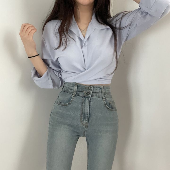 Crop Blouse Import Korean Style Lengan Panjang Wrapped Blouse kasual Baju Warna Putih Atasan Wanita