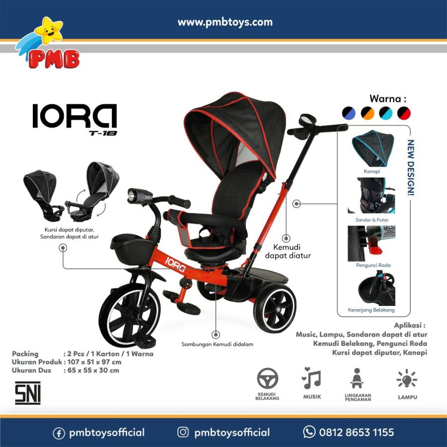 SEPEDA RODA TIGA R/3 PMB IORA T-18 BLACK RED / STROLLER / MAINAN ANAK