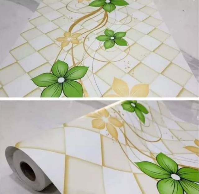 Wallpaper stiker dinding bunga hijau ketupat kuning