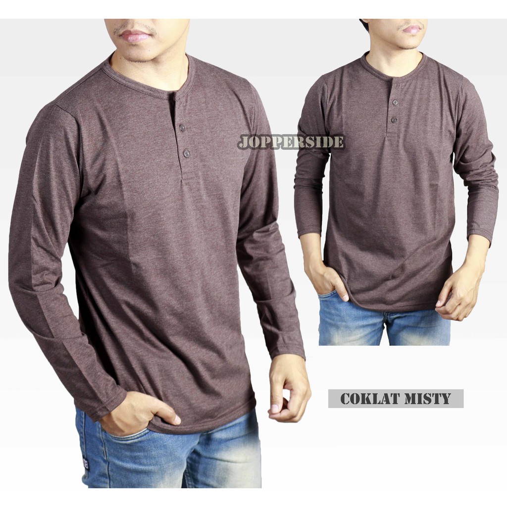 [ COD PABRIK ] T shirt kaos polos lengan panjang pria henley kancing katun combed premium tb3