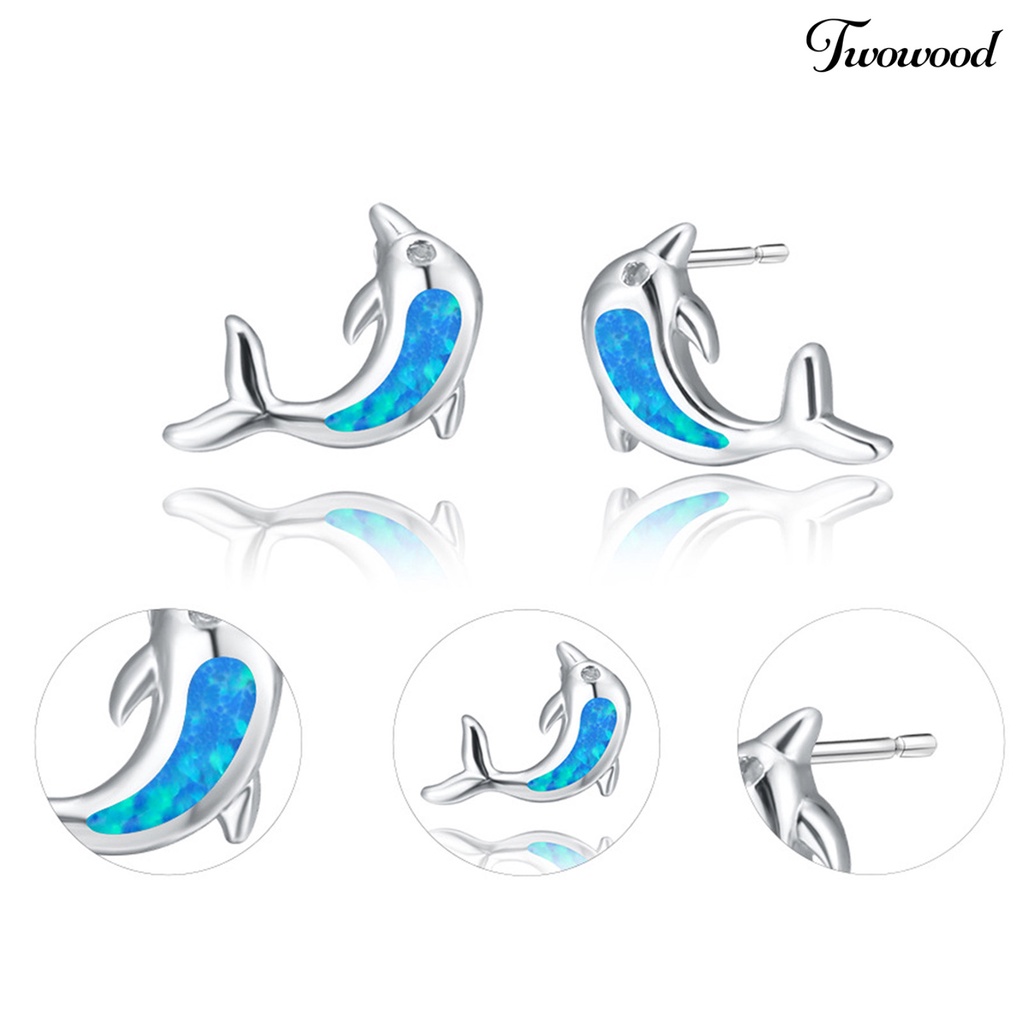 Twowood 1 Pair Lady Ear Studs Dolphin Shape Colored Faux Stone Jewelry Lightweight Cute Animal Stud Earrings for Dating